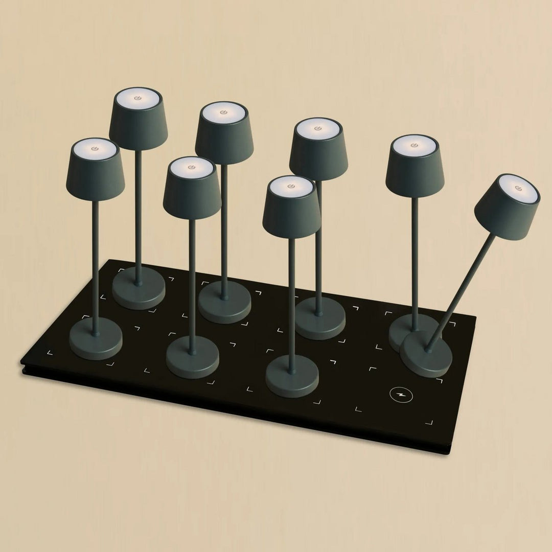 Combi Set Professional-8 X Vondel Mini Stone Gray Oplaadbare tafellampen & 1 x Centraal Station Wireless Laying Station met Q1-Technology-Perfect voor restaurants, gastvrijheid en hotels