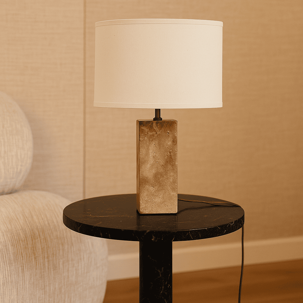 Rosie travertijnlamp – elegante natuursteen met katoenen kap