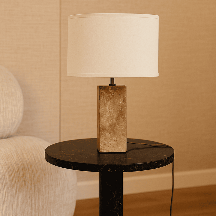 Rosie travertijnlamp – elegante natuursteen met katoenen kap
