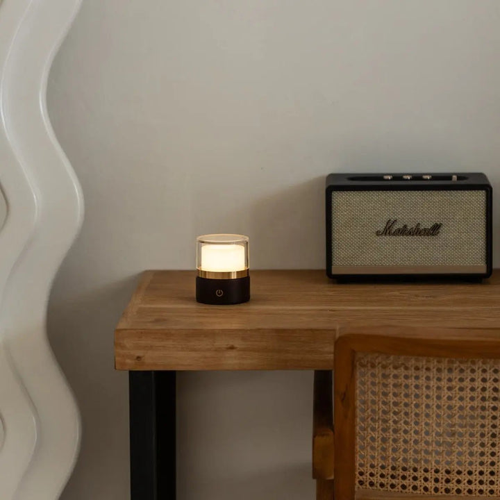 Leo donkerbruine compacte draadloze oplaadbare lamp – natuurlijk hout, dimbaar licht
