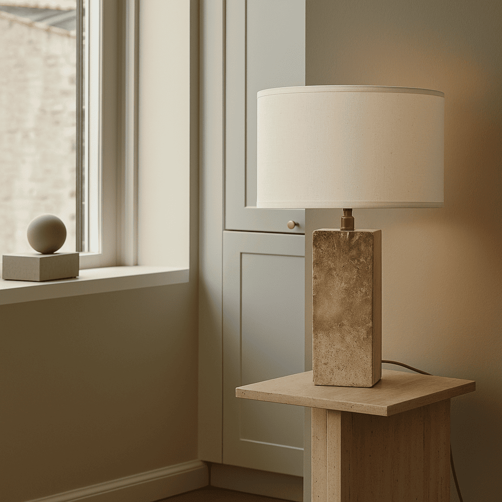 Rosie travertijnlamp – elegante natuursteen met katoenen kap