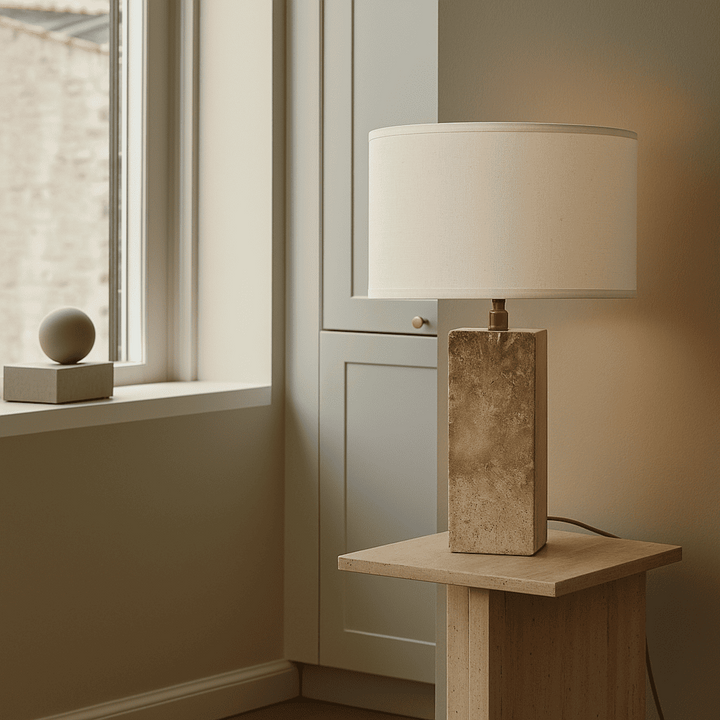 Rosie travertijnlamp – elegante natuursteen met katoenen kap