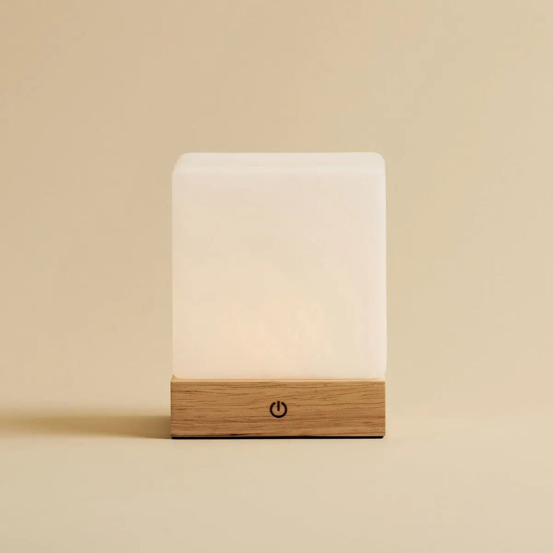 YCE lichtbruine draadloze houten lamp met bevroren glas-oplaadbare, dimbare, 100-uur batterij