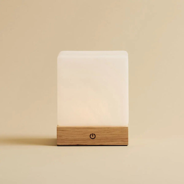 YCE lichtbruine draadloze houten lamp met bevroren glas-oplaadbare, dimbare, 100-uur batterij