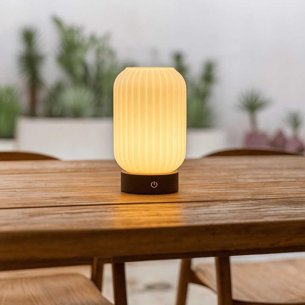 Lilly donkerbruin unieke oplaadbare lamp - matglaslamp, houten basis, dimable, 3 lichte modi