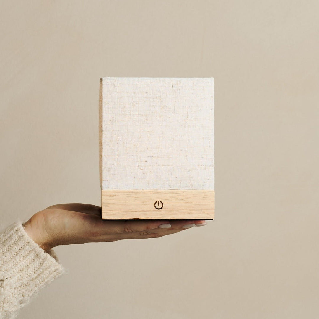 Zano lichtbruine draadloze lamp met hout en linnen - stemmingsverlichting, LED -tafellamp met batterij
