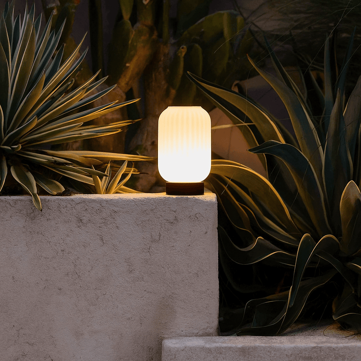 Lilly donkerbruin unieke oplaadbare lamp - matglaslamp, houten basis, dimable, 3 lichte modi