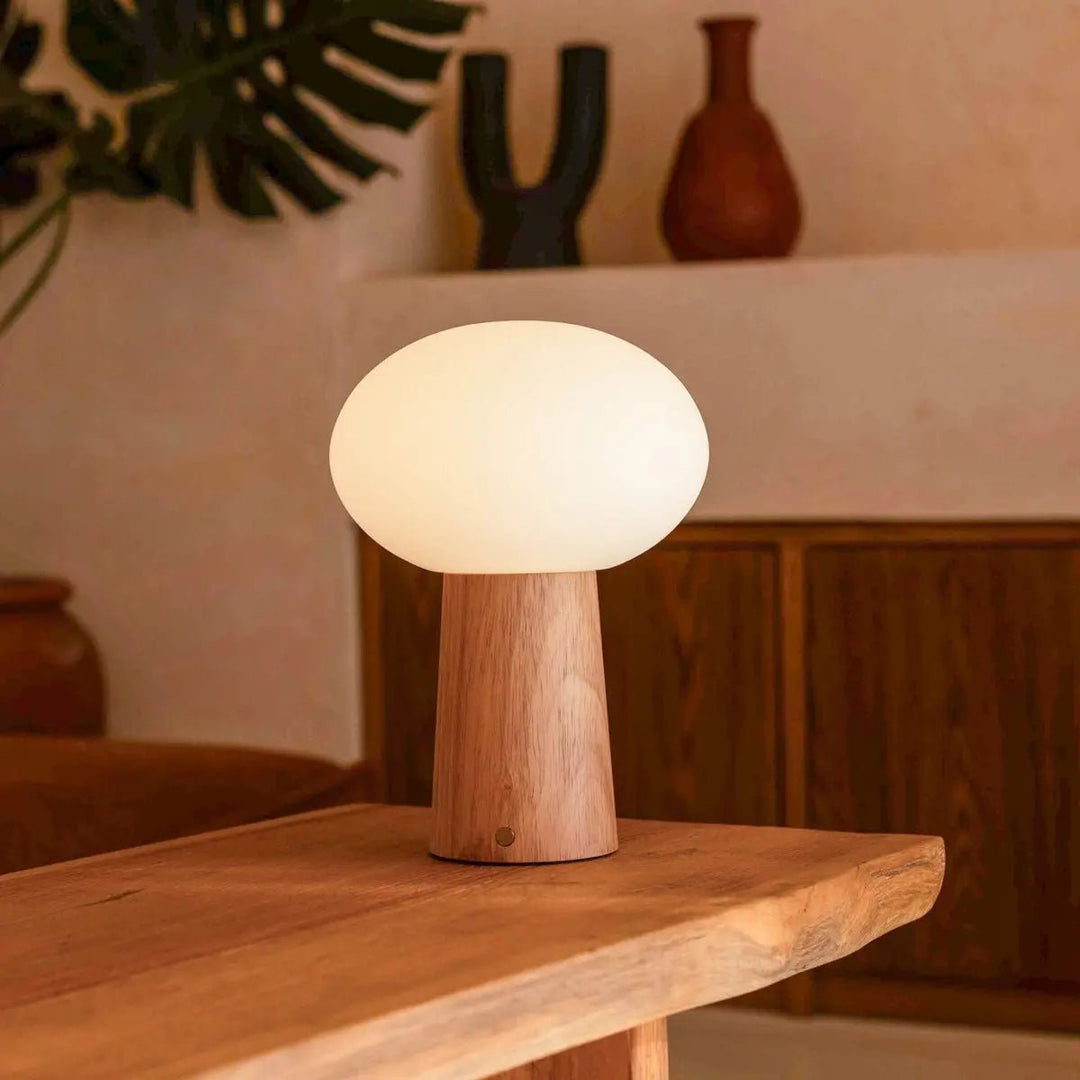 Max lichtbruine houten oplaadbare tafellamp met glas en oplaadbare batterij | Dimbare en veelzijdige verlichting