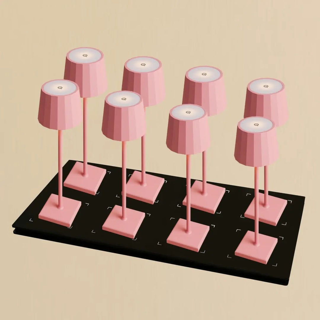 Combi Set Professional-8 x Wouter Flamingo Roze oplaadbare tafellampen & 1 x Central Station draadloos laadstation met Qi-Technology-Perfect voor restaurants, gastvrijheid en hotels