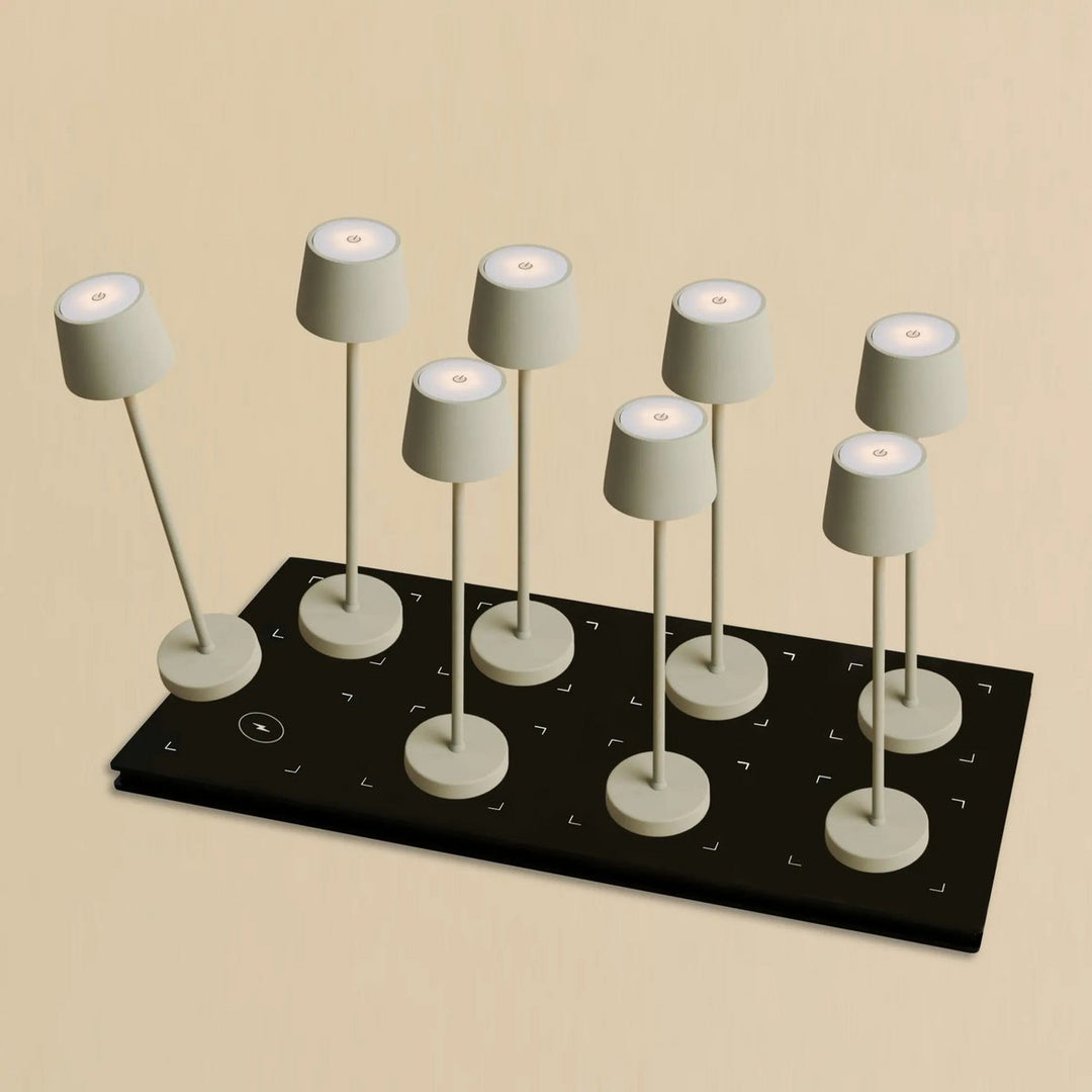 Combi Set Professional-8 X Vondel Mini Shadow Gray Oplaadbare tafellampen & 1 x Central Station Draadloos oplaadstation met Q1-Technology-Perfect voor restaurants, gastvrijheid en hotels