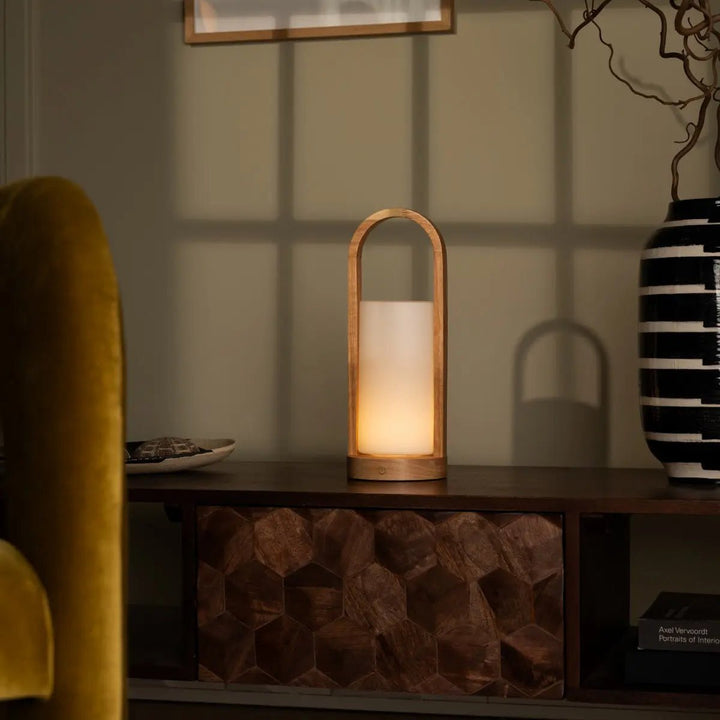 Evie Lichtbruine Oplaadbare Houten Tafellamp – Dimbaar & Snoerloos