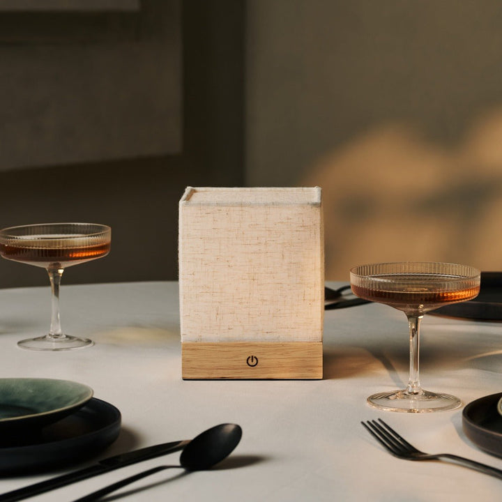 Zano lichtbruine draadloze lamp met hout en linnen - stemmingsverlichting, LED -tafellamp met batterij