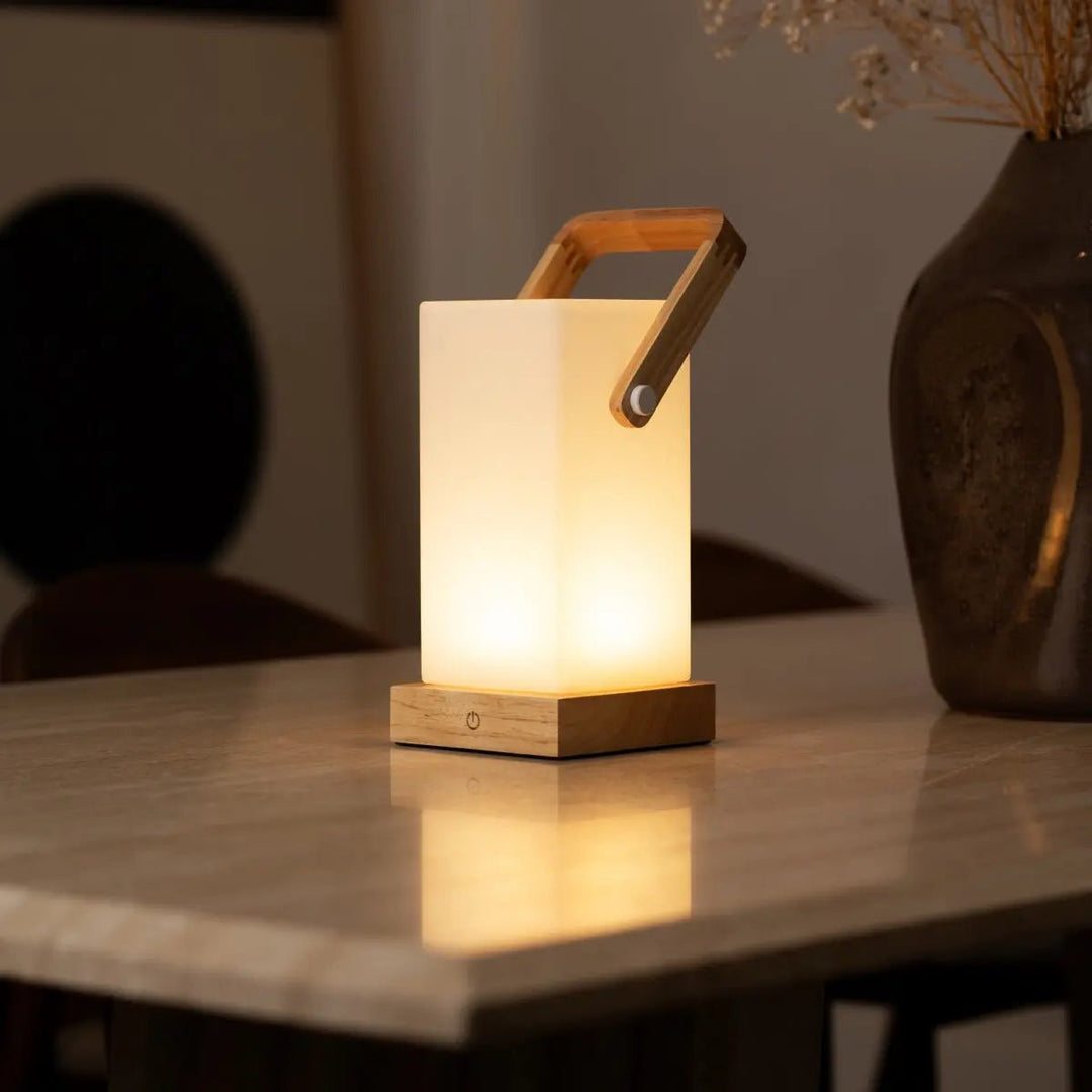 Harper lichtbruine houten lamp – draadloze oplaadbare tafellamp met handvat