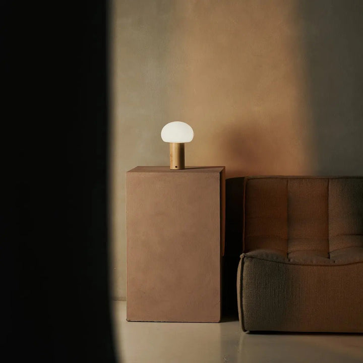 Sam lichtbruine houten tafellamp met glas en oplaadbare batterij | Dimbare en veelzijdige verlichting