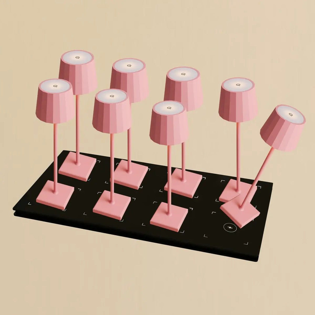 Combi Set Professional-8 x Wouter Flamingo Roze oplaadbare tafellampen & 1 x Central Station draadloos laadstation met Qi-Technology-Perfect voor restaurants, gastvrijheid en hotels