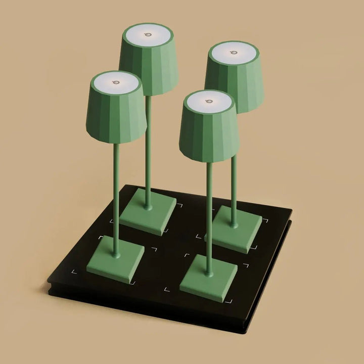 Combi Set Professional-4 x Wouter Sage Green Oplaadbare tafellampen & 1 x Amstel Wireless Laying Station met Qi-Technology-Perfect voor restaurants, gastvrijheid en hotels