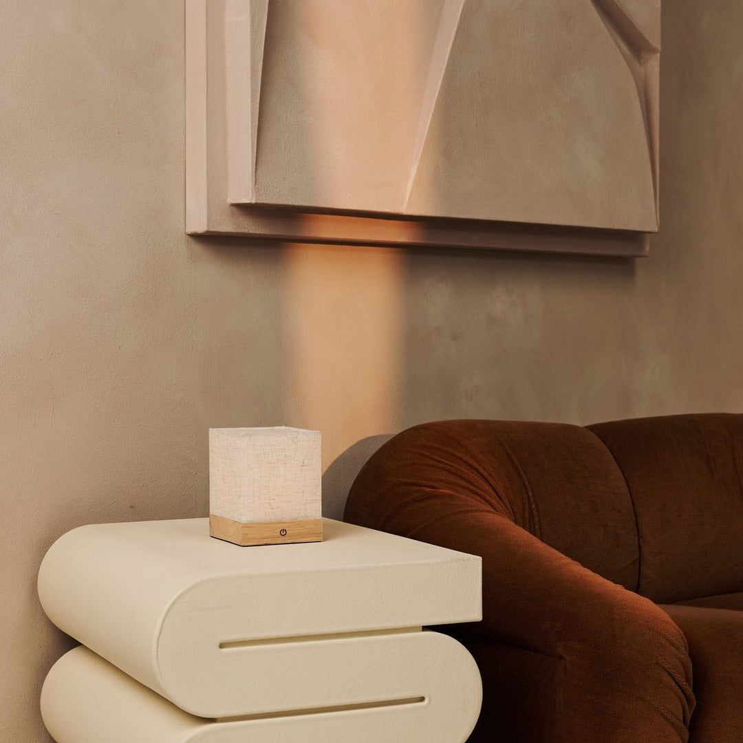 Zano lichtbruine draadloze lamp met hout en linnen - stemmingsverlichting, LED -tafellamp met batterij