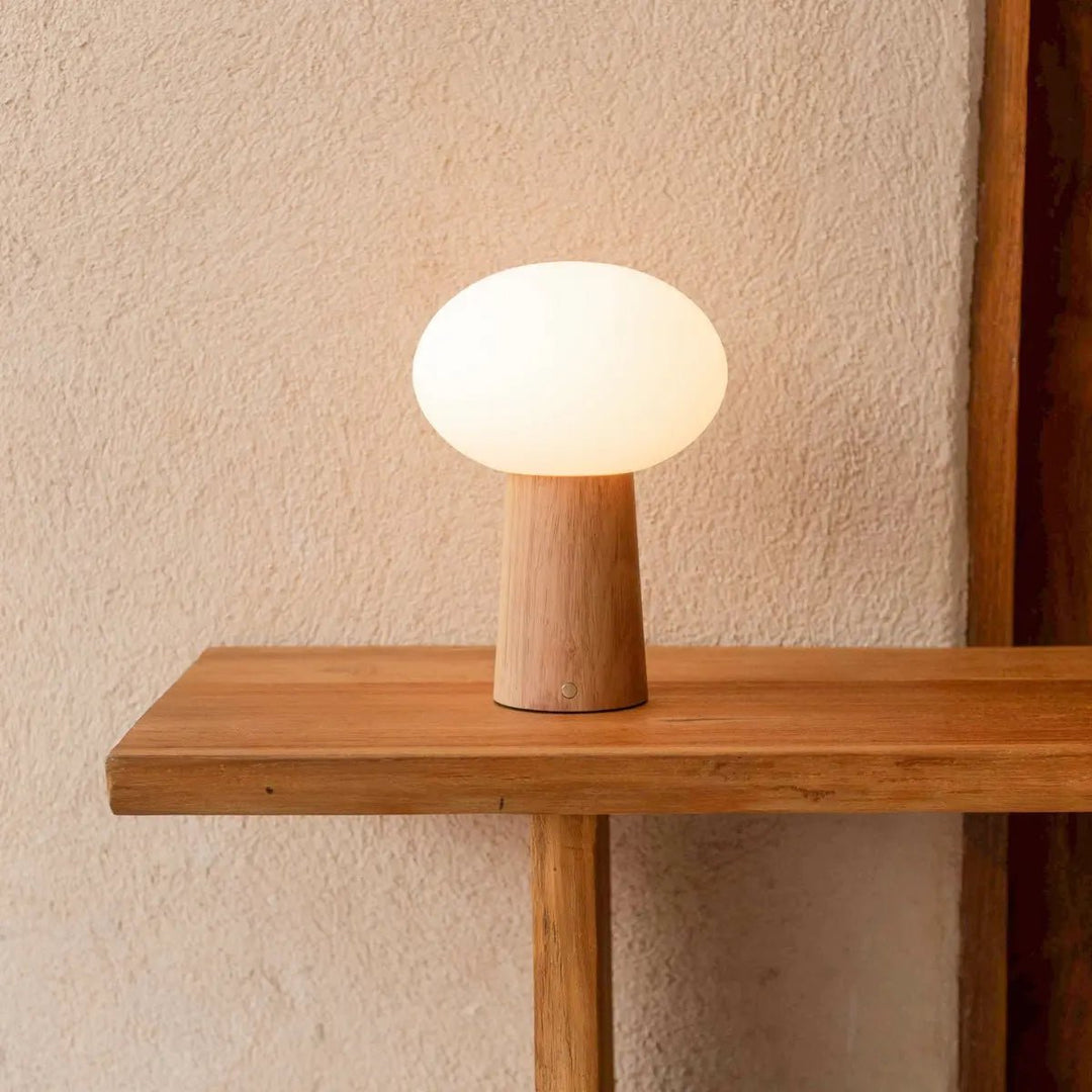 Max lichtbruine houten oplaadbare tafellamp met glas en oplaadbare batterij | Dimbare en veelzijdige verlichting