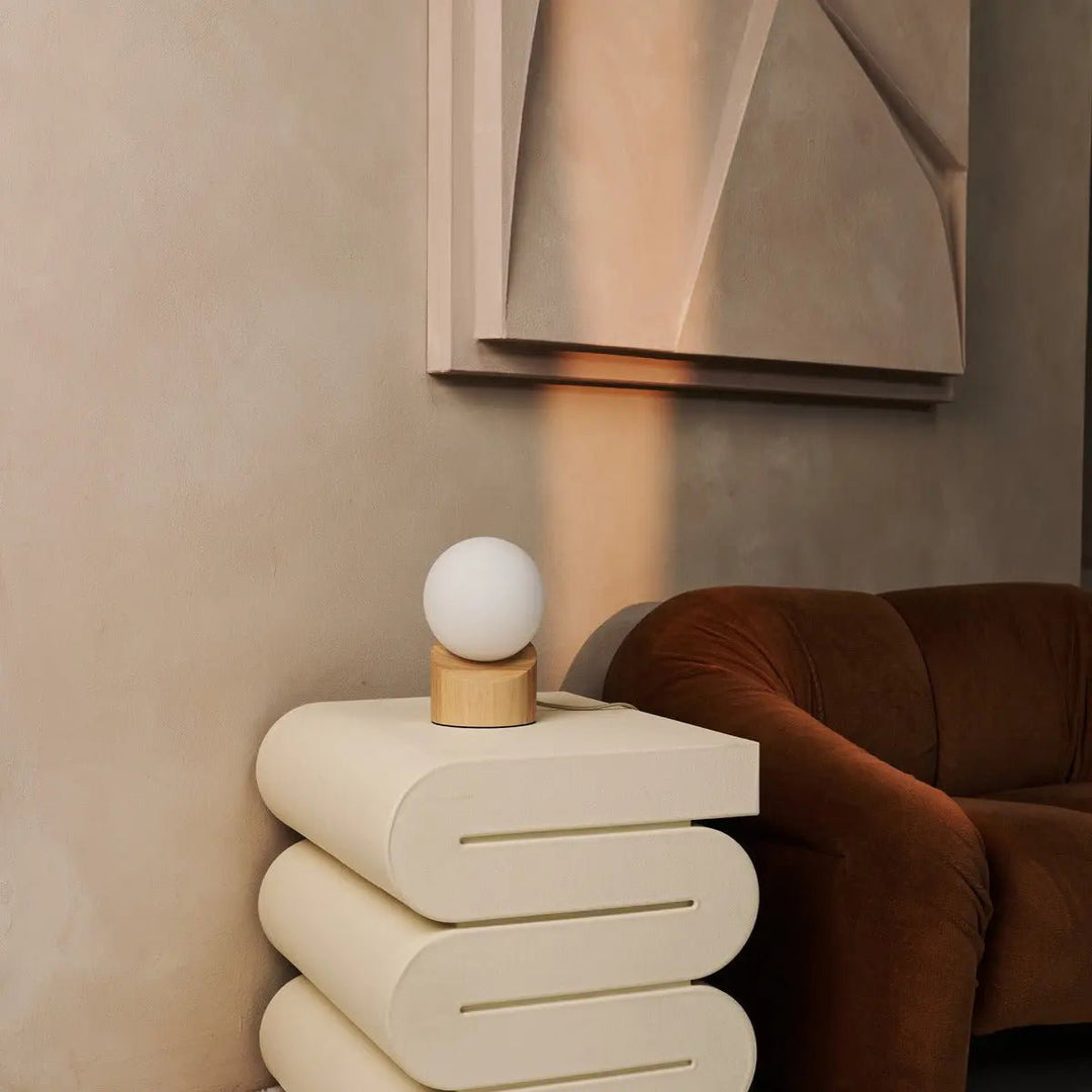 Quin lichtbruine houten lamp met koord - duurzaam rubberwood en matglas