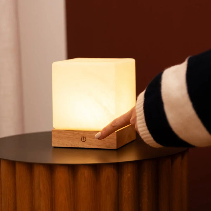 YCE lichtbruine draadloze houten lamp met bevroren glas-oplaadbare, dimbare, 100-uur batterij