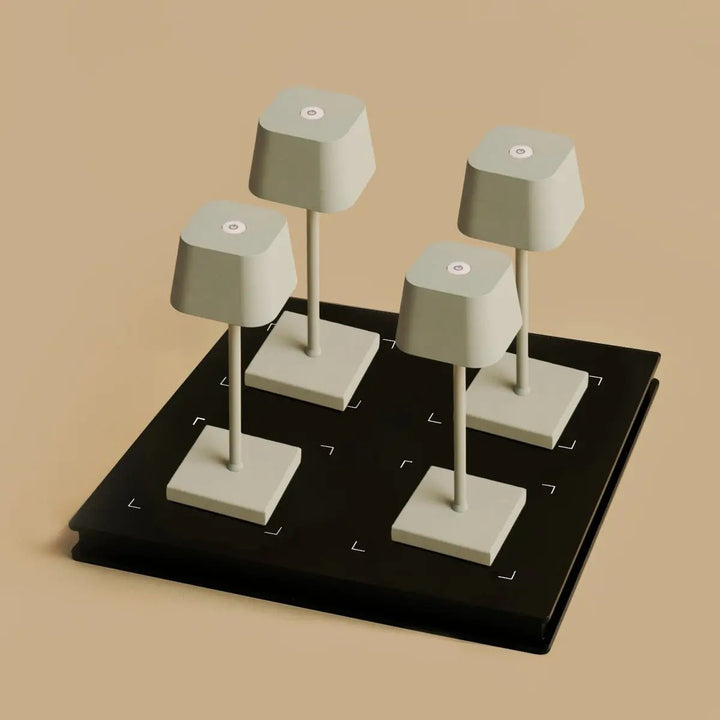 Combi Set Professional-4 X Sarphati Mini Shadow Gray Oplaadbare tafellampen voor gastvrijheid en 1 x Amstel Wireless Lay Station met Qi-Technology-Perfect voor restaurants, gastvrijheid en hotels