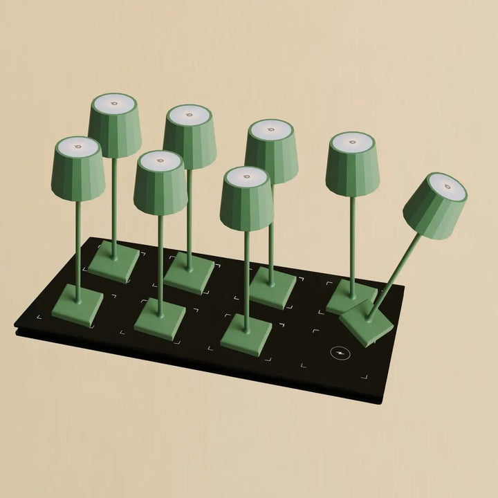 Combi Set Professional-8 X Wouter Saly Green Oplaadbare tafellampen & 1 x Central Station Draadloos oplaadstation met Qi-Technology-Perfect voor restaurants, gastvrijheid en hotels