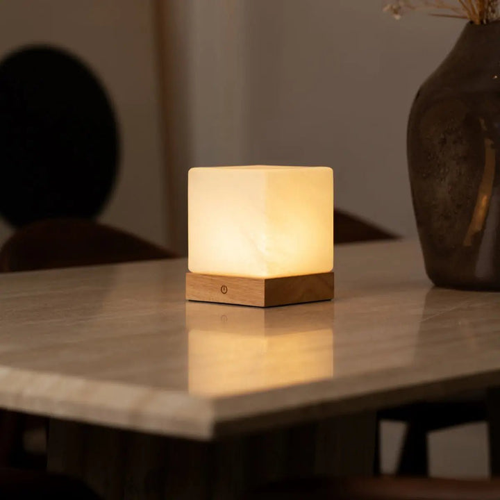 YCE lichtbruine draadloze houten lamp met bevroren glas-oplaadbare, dimbare, 100-uur batterij