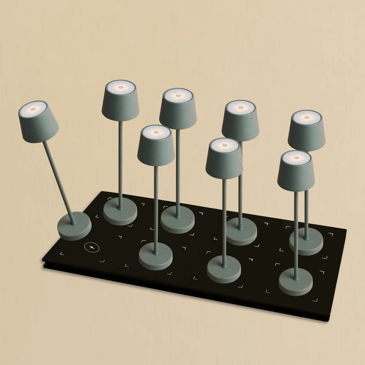 Combi Set Professional-8 x Vondel Mini Mouse Gray Oplaadbare tafellampen & 1 x Centraal station Wireless laadstation met Q1-technologie-Perfect voor restaurants, gastvrijheid en hotels