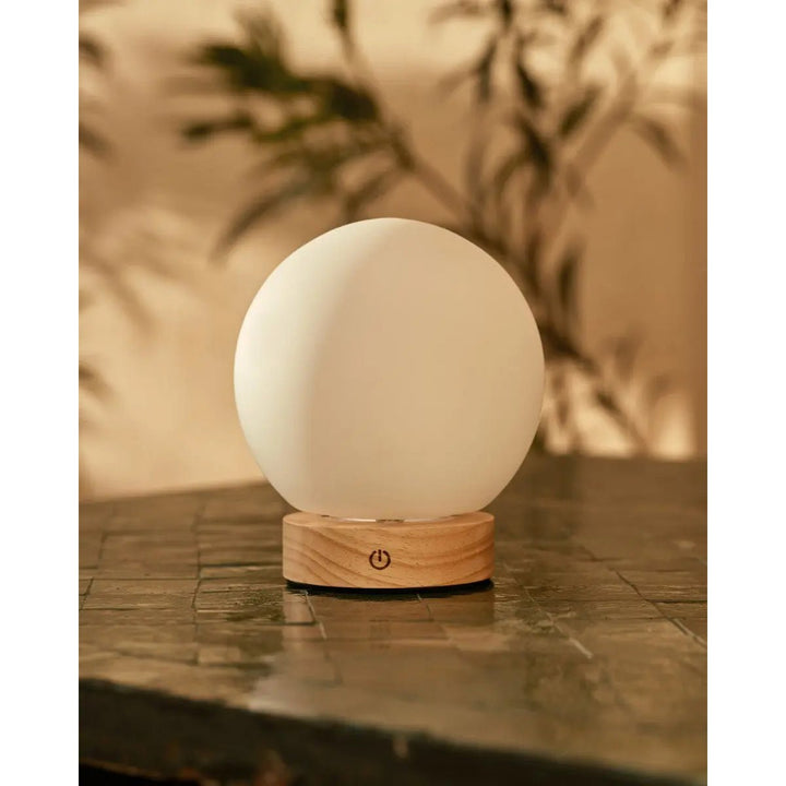 Flore lichtbruine houten lamp met glazen lamp - oplaadbaar en dimbaar draadloos licht