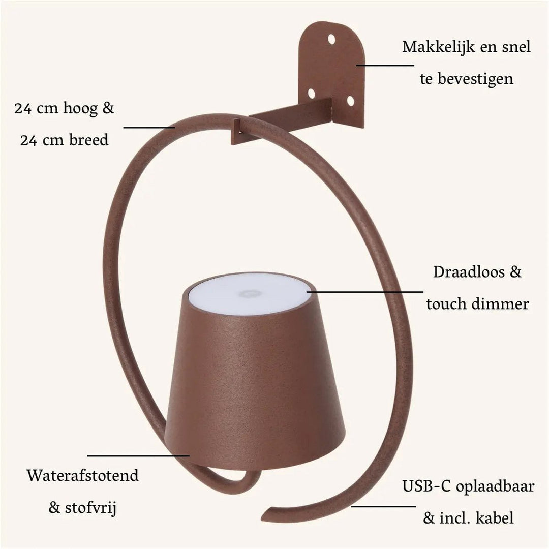 Cielo donkerbruine oplaadbare metalen wandlamp – draadloos, dimbaar en stijlvol